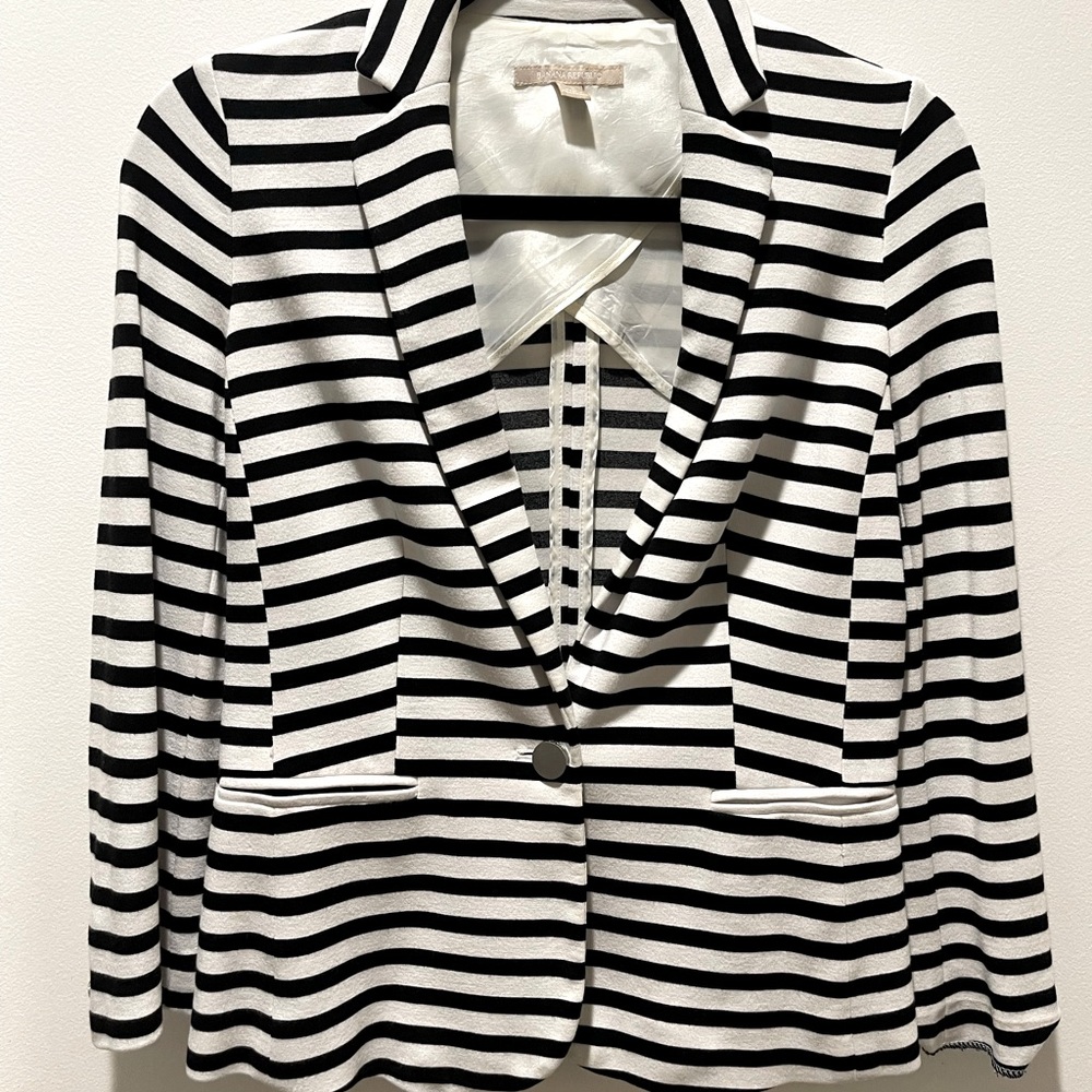 Banana Republic black and white striped blazer with silver buttons